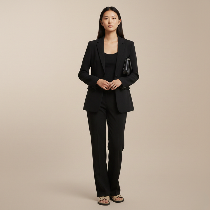 Woman wearing a black suit on a beige background