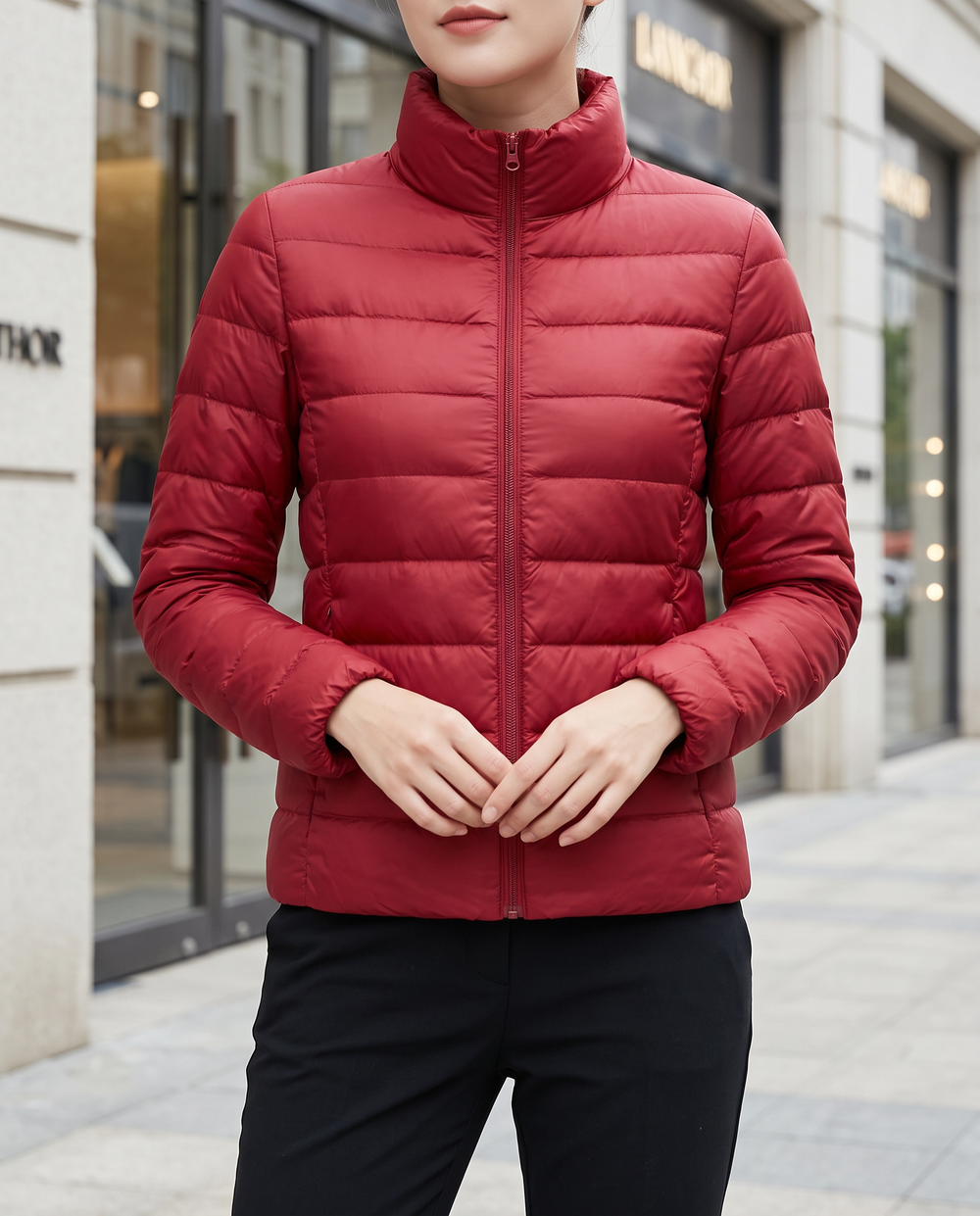 Women's Slim-Fit Short Down Puffer Jacket in Big Red — front view