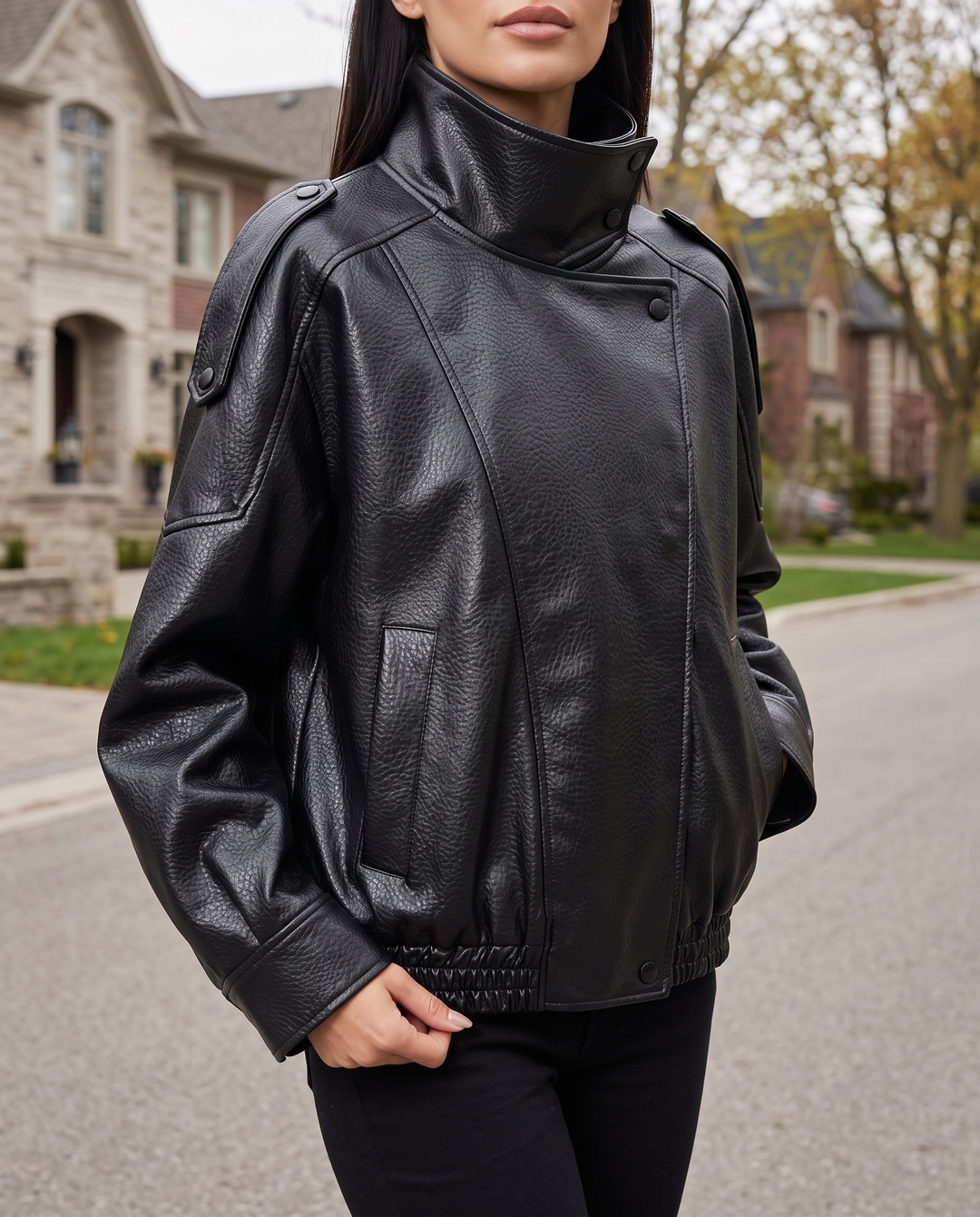 Women's Classic Bomber Jacket in Black — three-quarter view
