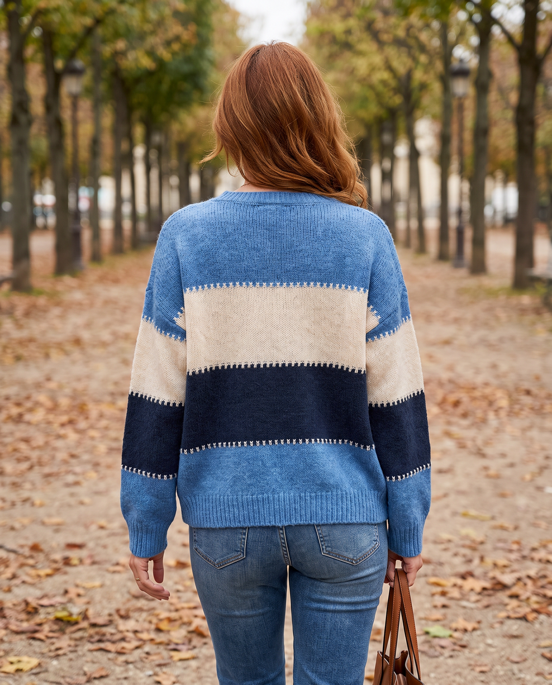 Women's Classic Striped Knit Sweater in Blue — back view