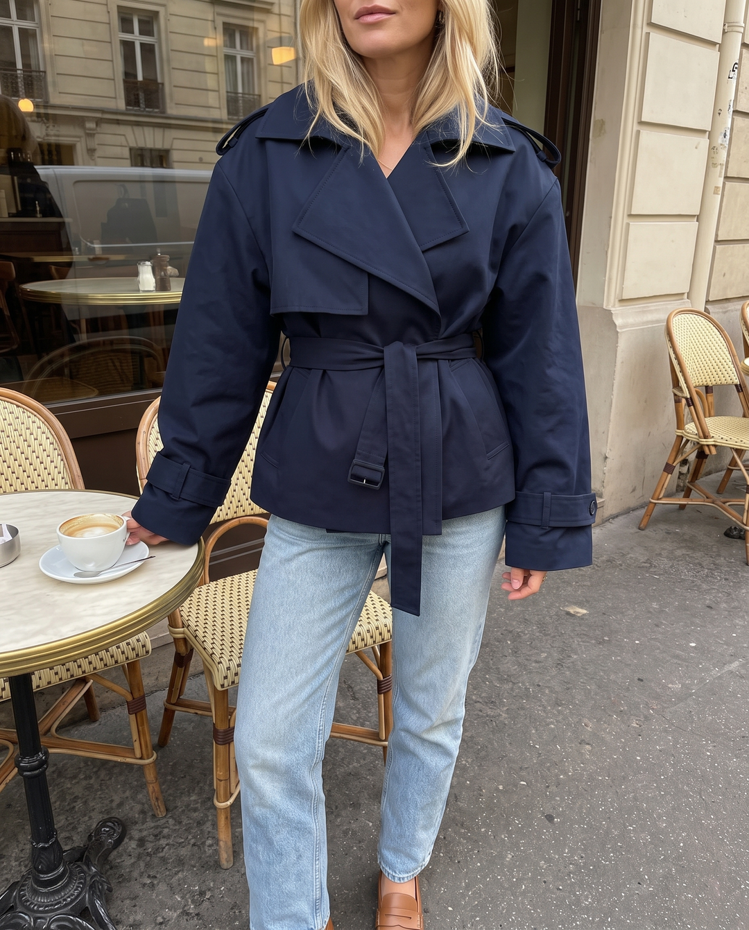 Women's Elegant Oversized Trench Coat in Blue 02 — front view