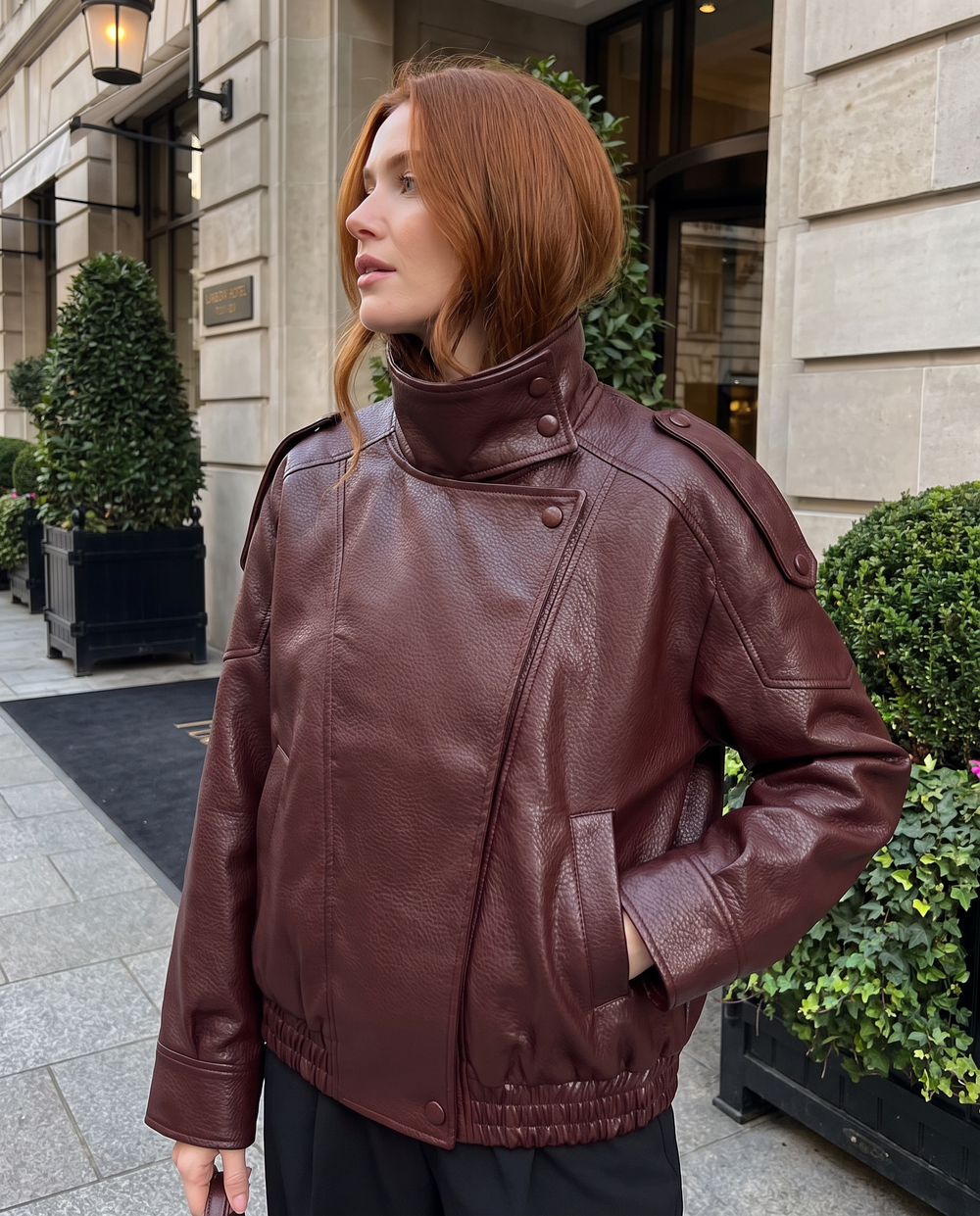 Women's Bomber Jacket in Three Colorways in Burgundy — front view