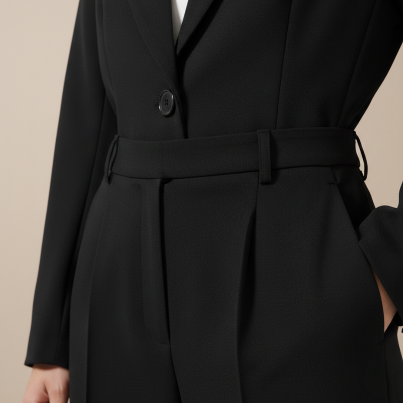 Black suit jacket with a belt on a beige background
