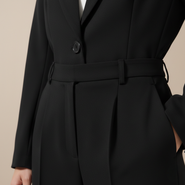 Black suit jacket with a belt on a beige background