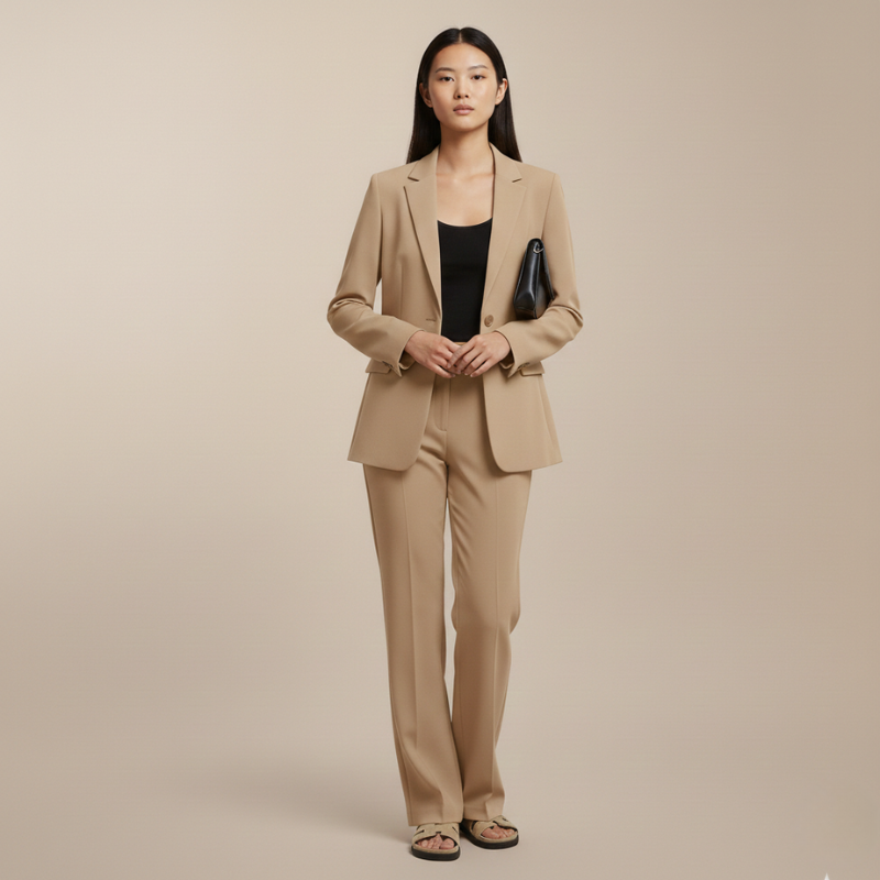 Woman wearing a beige suit against a beige background