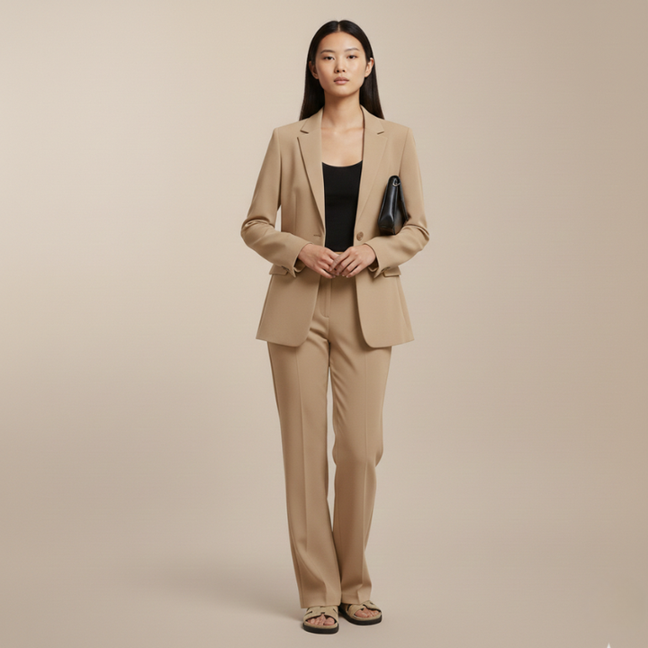 Woman wearing a beige suit against a beige background