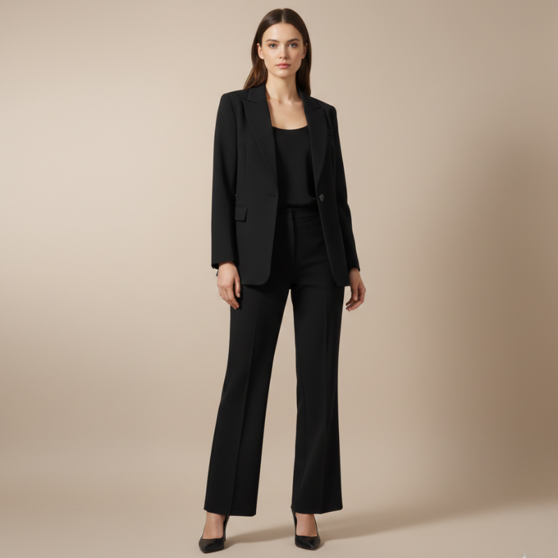 Woman wearing a black suit on a beige background