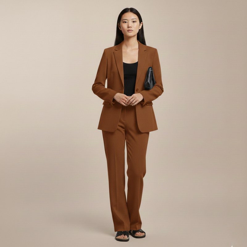 Woman wearing a brown suit on a beige background