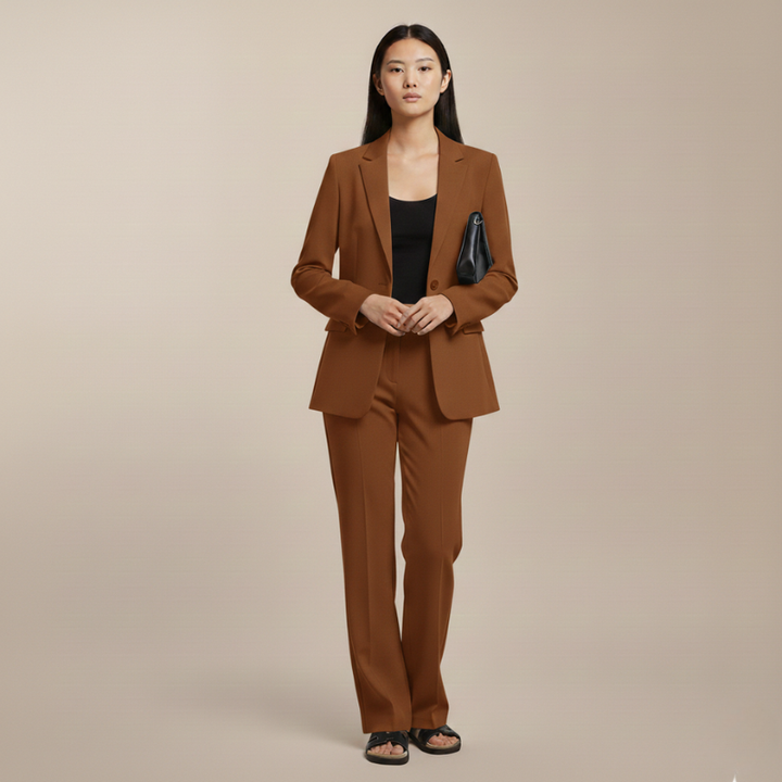 Woman wearing a brown suit on a beige background