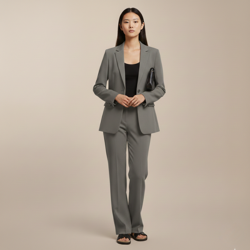 Woman wearing a gray suit on a beige background