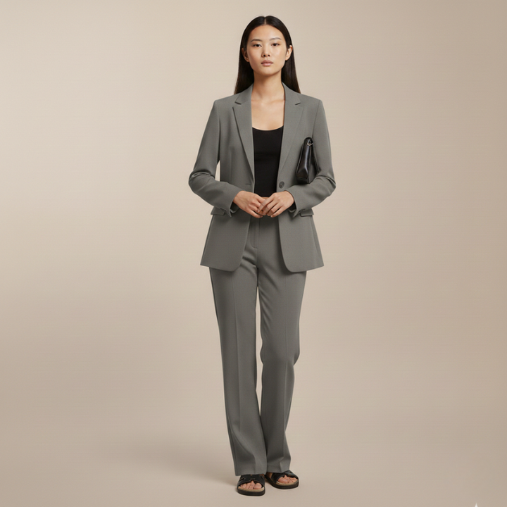 Woman wearing a gray suit on a beige background