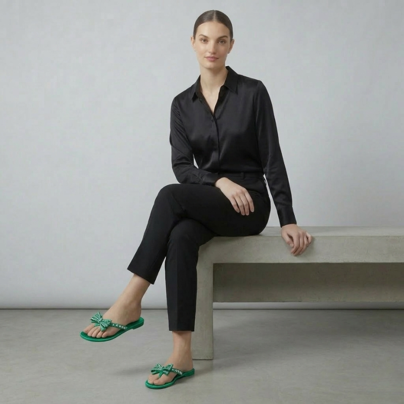 A female model sitting on a bench wearing a black outfit and vibrant green studded bow flip flops.