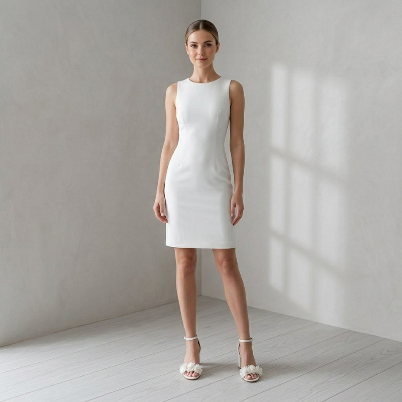 A female model posing in a structured ivory sleeveless mini dress, showcasing a modern and elegant bridal or cocktail look.