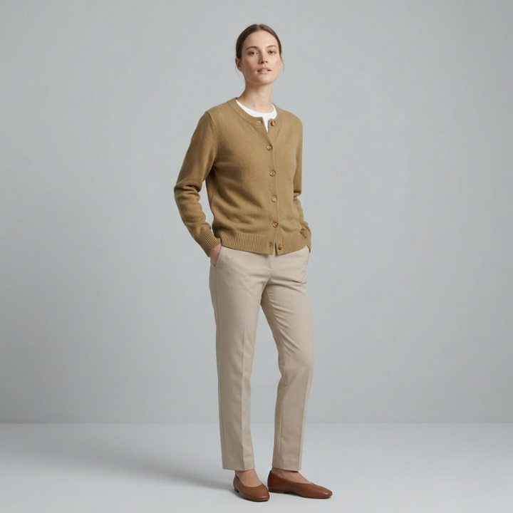 Front view of a model wearing an olive green cardigan and tan slacks.