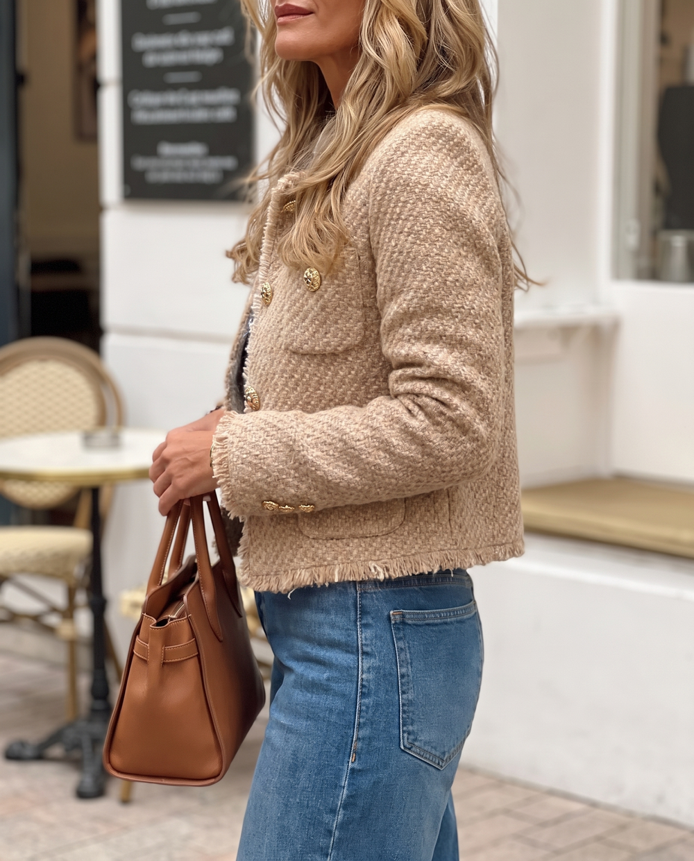 Women's Elegant Cropped Tweed Jacket in Khaki — side view