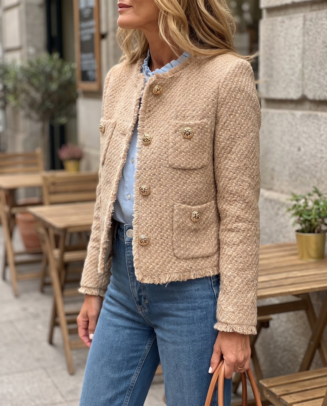 Women's Elegant Cropped Tweed Jacket in Khaki — three-quarter view