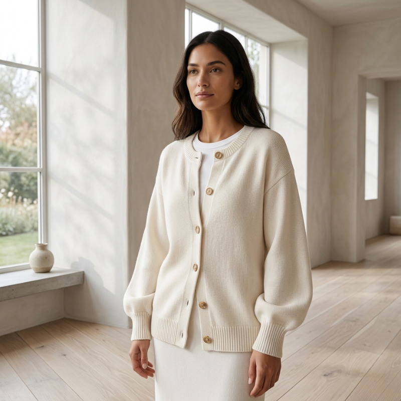 Woman wearing a cream cardigan in a bright room with large windows.