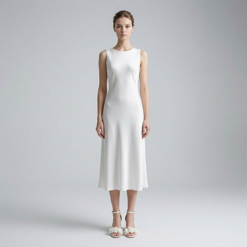 Front view of a female model in a simple sleeveless ivory midi dress with a crew neckline and a clean silhouette.