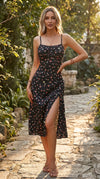 Women's Elegant Floral Spaghetti Strap Side Split Midi Dress