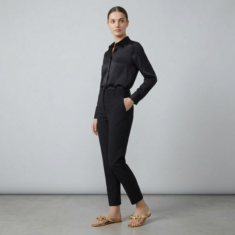 A female model posing in beige or nude-colored studded bow jelly flip flops and black trousers.