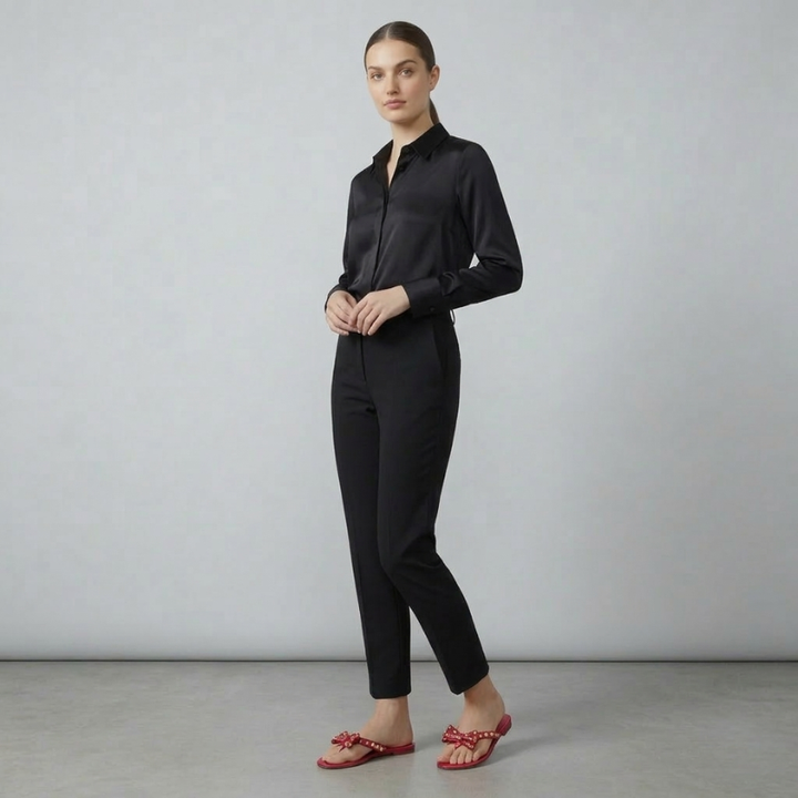 A female model showcasing red studded bow jelly sandals paired with a black professional outfit.