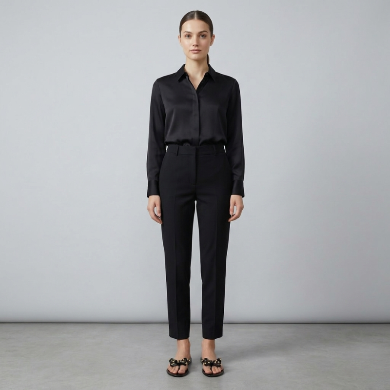 Front view of a female model wearing a black button-down shirt and trousers paired with black studded bow jelly sandals.