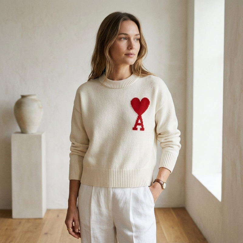 Woman wearing a cream sweater with a red heart and letter 'A' design, standing in a room with a vase and light-colored walls.