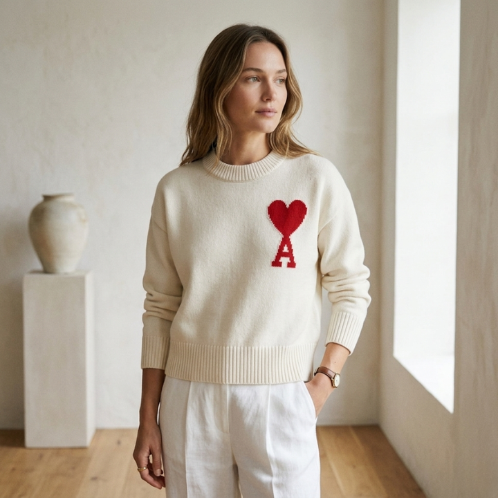 Woman wearing a cream sweater with a red heart and letter &