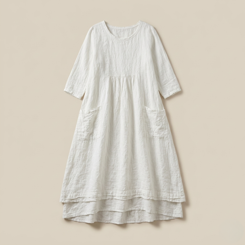A white relaxed-fit midi dress with 3/4 sleeves shown as a flatlay on a neutral background.