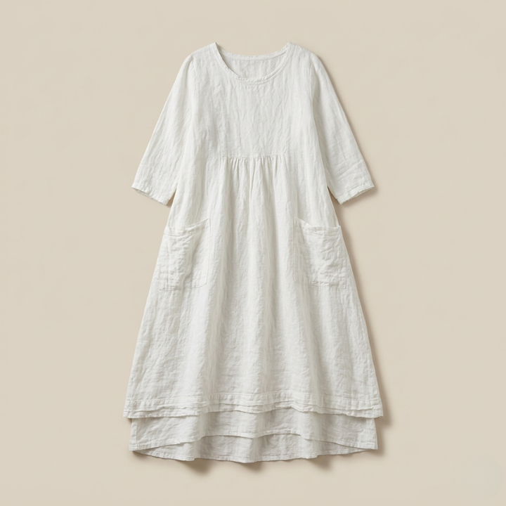 A white relaxed-fit midi dress with 3/4 sleeves shown as a flatlay on a neutral background.