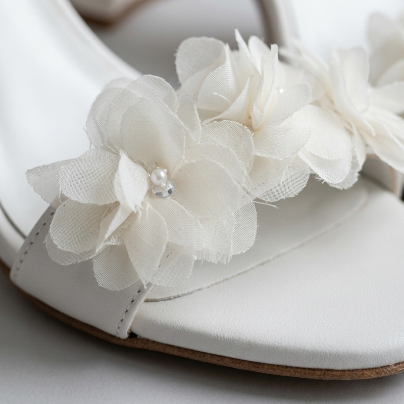 Macro shot of white block heel sandals featuring delicate 3D fabric flower appliqués on the front strap.