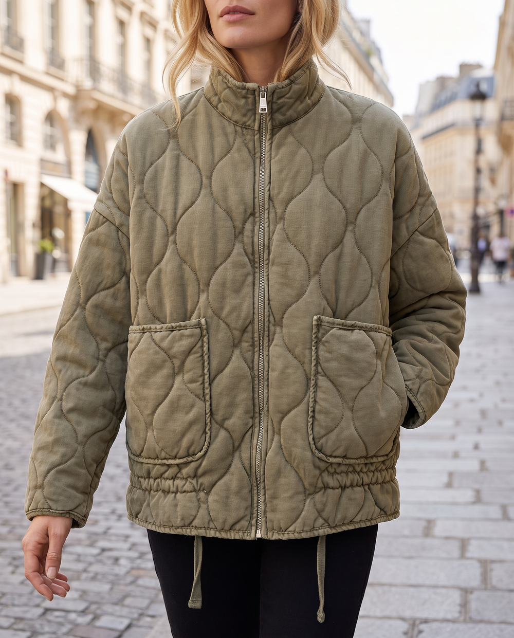 Women's High-Collar Jacket with Pockets in army green — front view