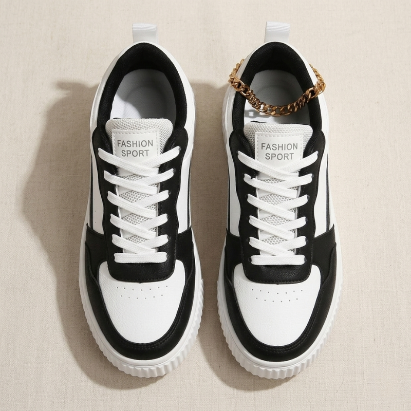 Black and white sneakers with &