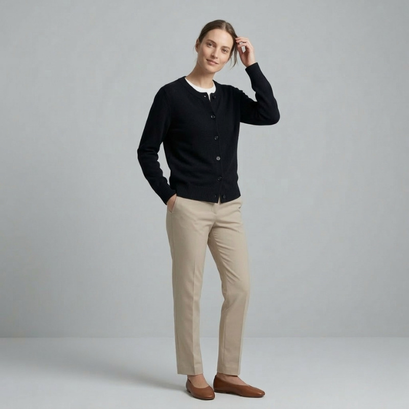 Model posing in a classic black knit cardigan paired with neutral-colored trousers.