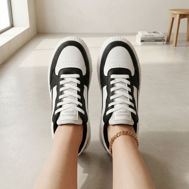 Black and white sneakers on a person&