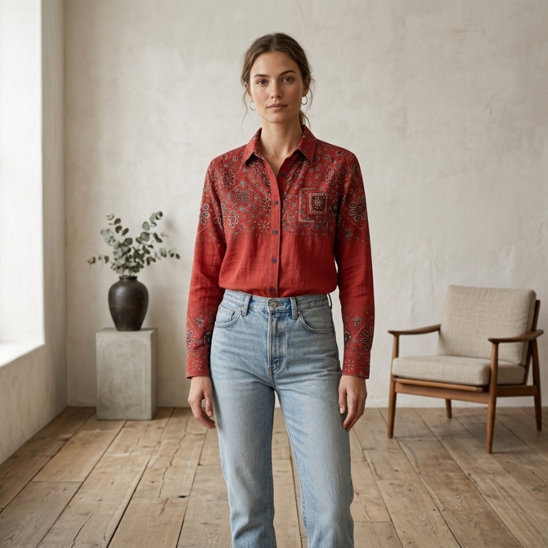 Woman wearing a red patterned shirt and light blue jeans standing in a room with wooden flooring and a chair.