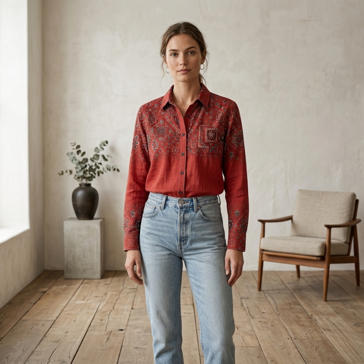 Woman wearing a red patterned shirt and light blue jeans standing in a room with wooden flooring and a chair.