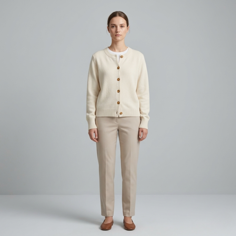 Model wearing a cream button-up cardigan with beige tailored trousers in a studio.