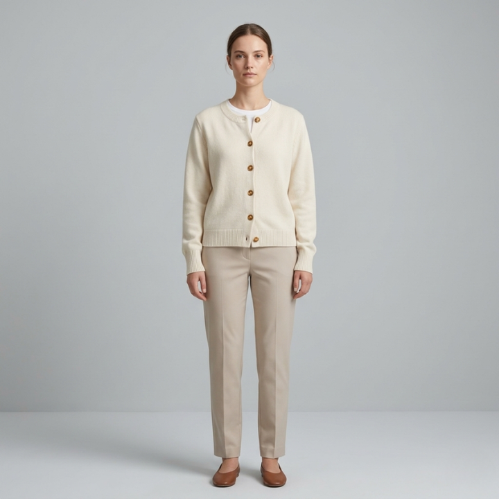 Model wearing a cream button-up cardigan with beige tailored trousers in a studio.