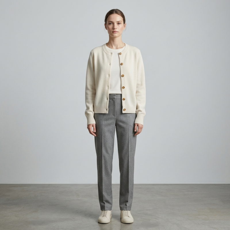 Woman wearing a cream cardigan and gray pants against a plain background