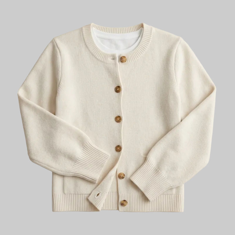 Flat lay of a cream crew-neck cardigan with brown tortoiseshell-style buttons.