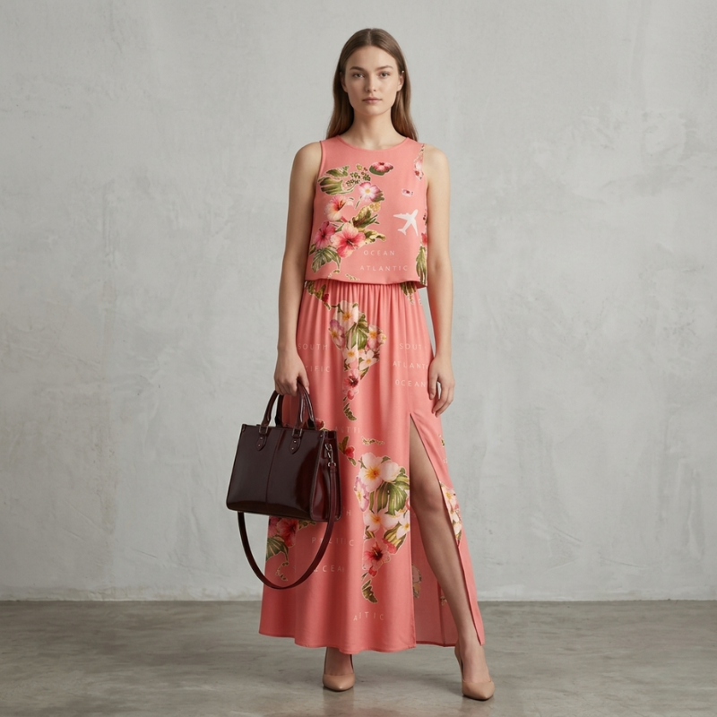 Woman wearing a pink floral dress holding a brown handbag against a gray background