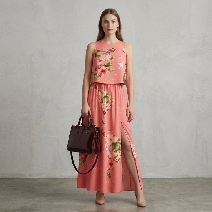 Woman wearing a pink floral dress holding a brown handbag against a gray background