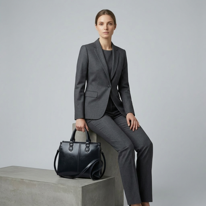 Woman in a gray suit holding a black handbag on a light gray background