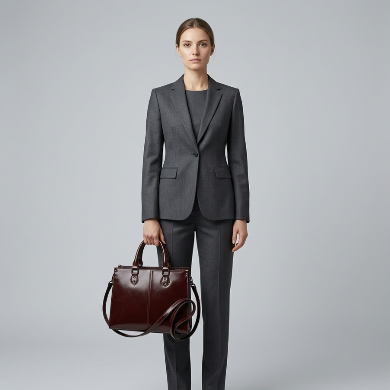 Woman in a gray suit holding a brown leather bag on a gray background