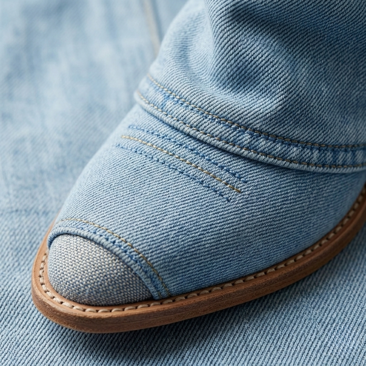 Close-up of a blue denim shoe with brown sole on a matching denim background