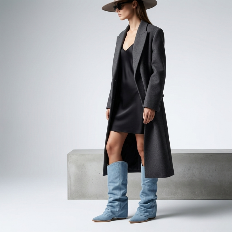 Woman wearing a long dark coat, black dress, and blue knee-high boots on a light gray background
