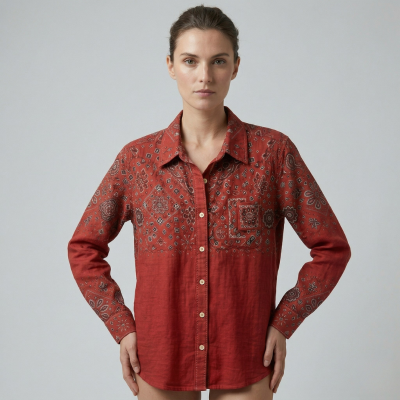 Model with hands on hips wearing a rust-colored shirt with decorative embroidery on a light gray background.