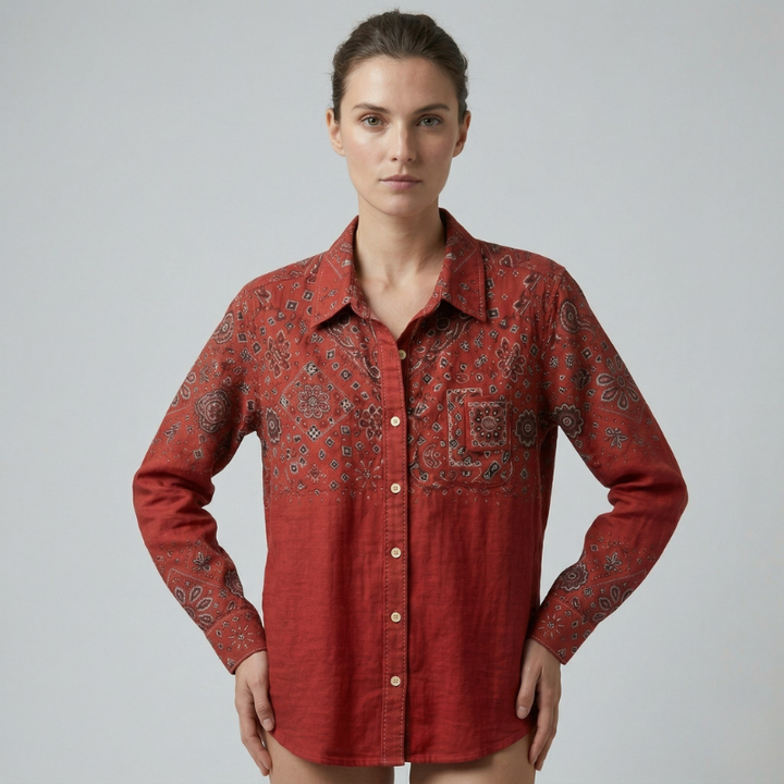 Model with hands on hips wearing a rust-colored shirt with decorative embroidery on a light gray background.
