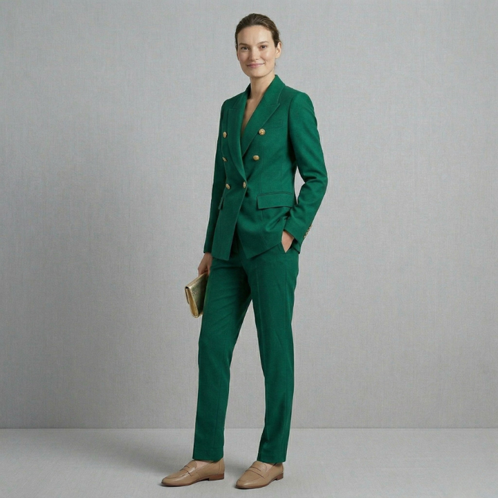 A vibrant emerald green tailored suit for women, featuring a double-breasted blazer and matching straight-leg pants.